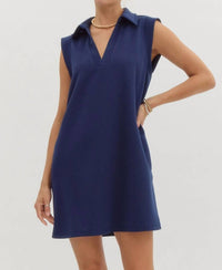 Entro - Textured Solid V Neck Dress