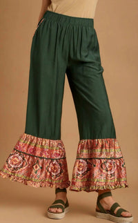 Umgee - Boarder Print Ruffle Hem Wide Leg Pants With Elastic Band