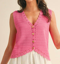 Anniewear - Crochet Trimmed Button Down Sweater Vest
