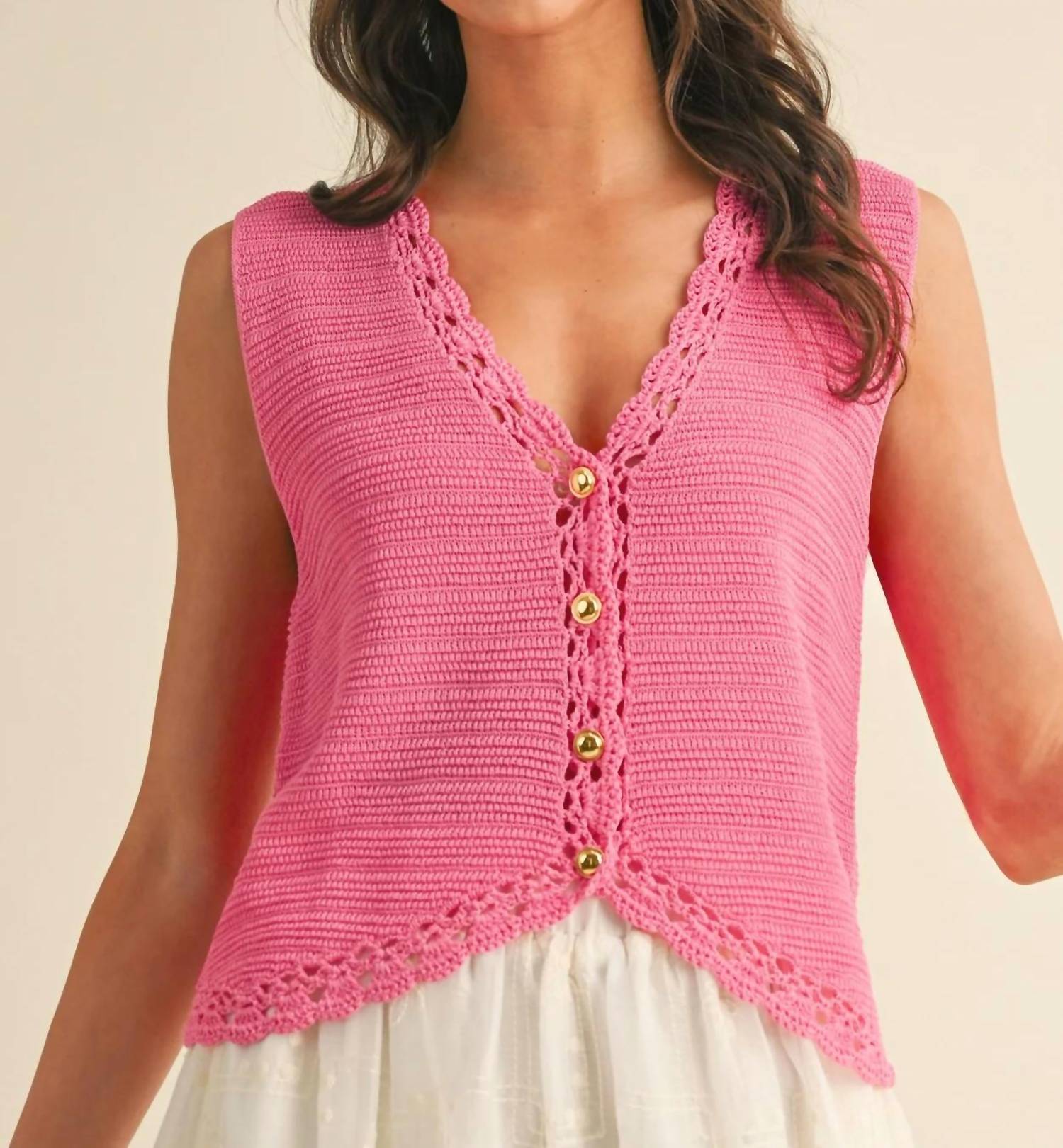 Anniewear - Crochet Trimmed Button Down Sweater Vest