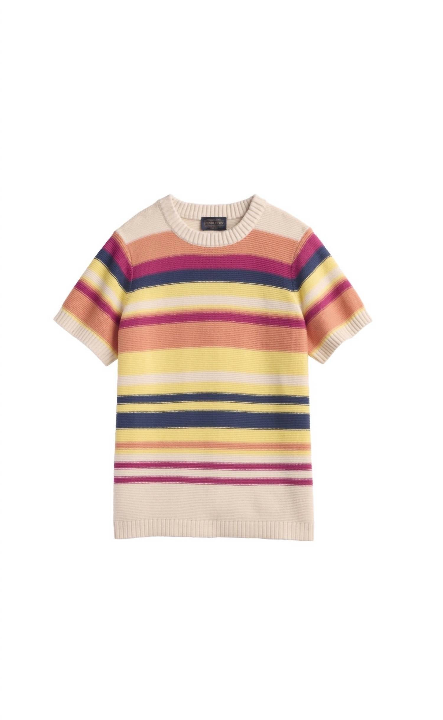 PENDLETON Ribbed Knit Textured Stripe Crew Neck Short Sleeve Top in pink ecru multi - women's t-shirt - alternate view