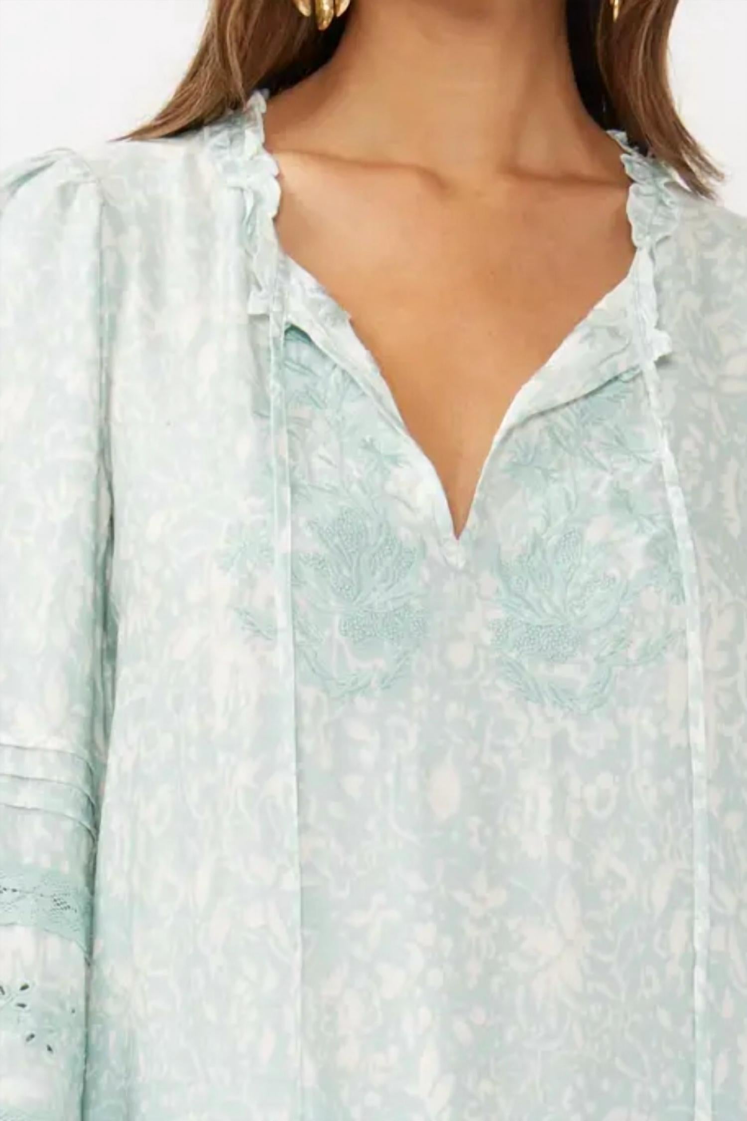 Lovestitch - Women's Floral Embroidered Lace Trim Split Neck Blouse