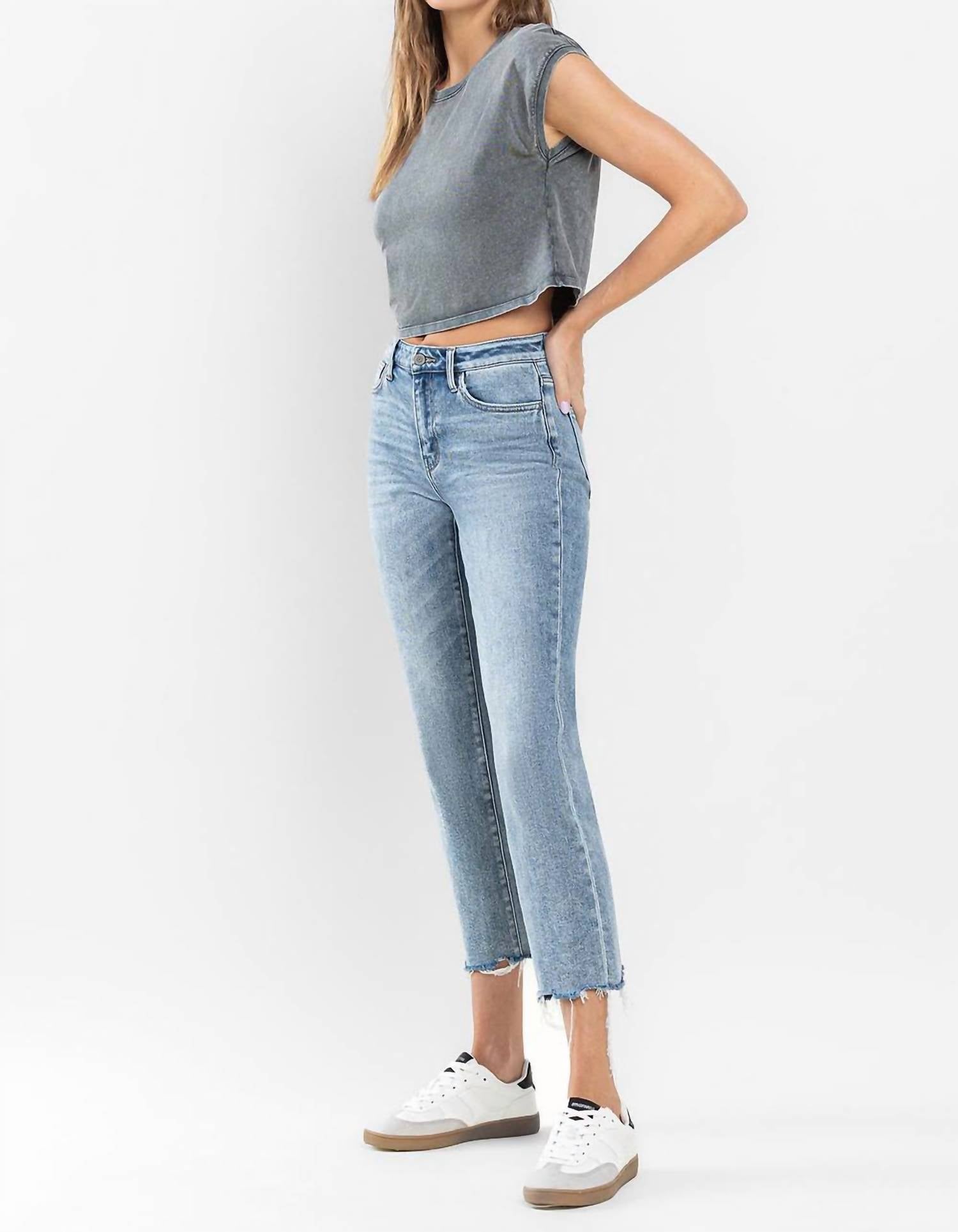 Flying Monkey - High Rise Cropped Distressed Hem Straight Jeans