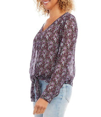 Karen Kane - Fancee Floral Metallic Crepe V-neck Tie Front Top