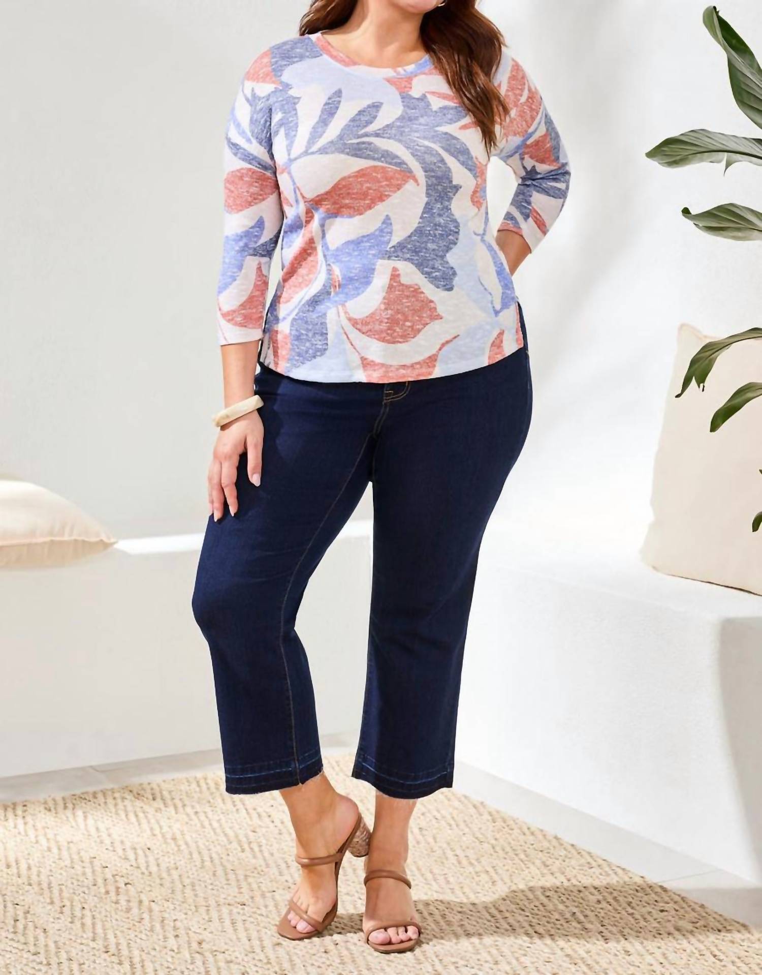 TRIBAL Three Quarter Sleeve Crew Neck Top in sky - women's t-shirt