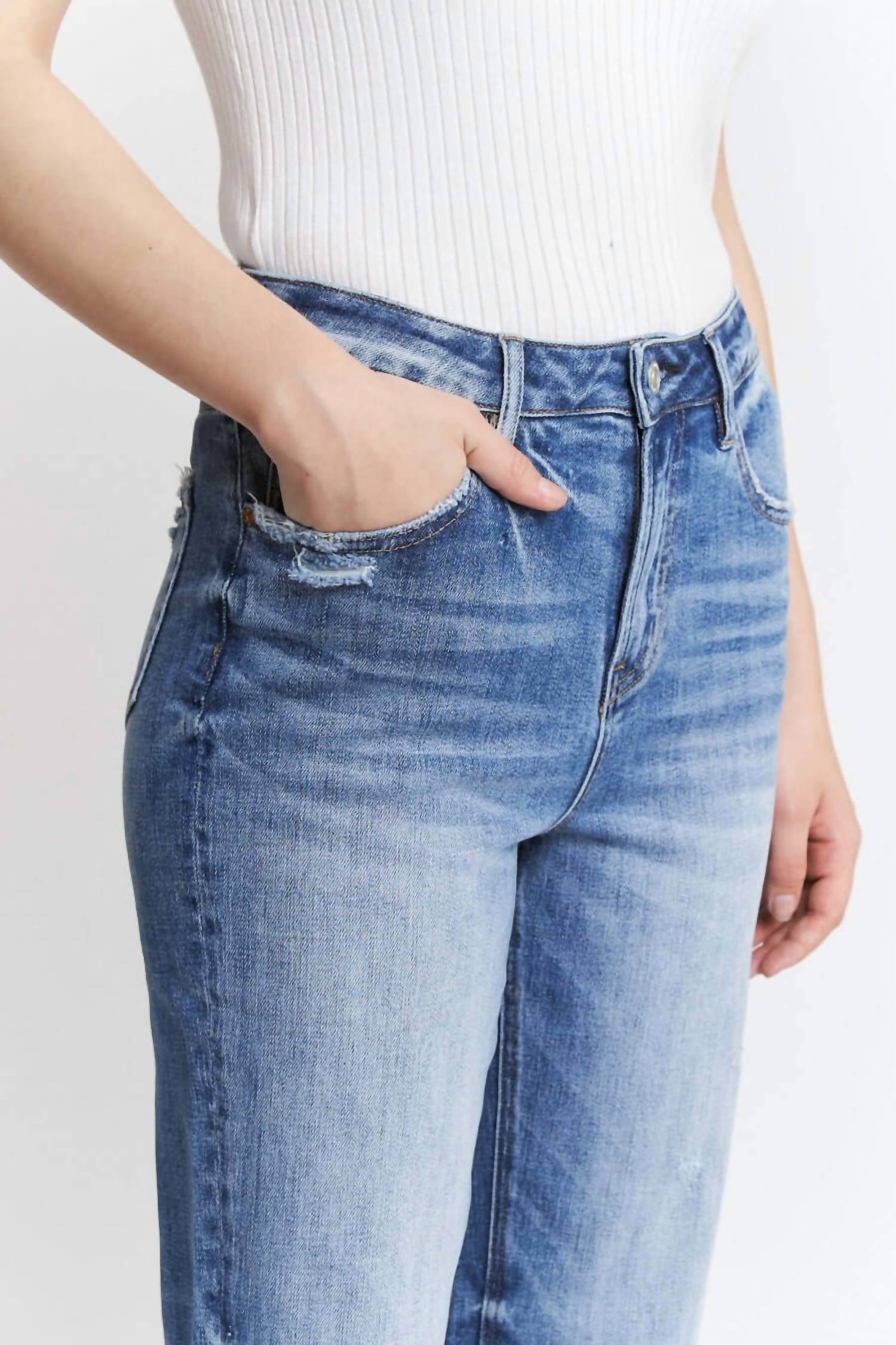 mica denim High Rise Raw Hem Loose Fit Straight Leg Jeans in meduim wash - women's jeans - alternate view