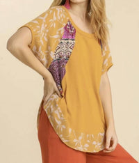 umgee Mixed Print Short Sleeve Top in goldenrod - women's blouse - view 5