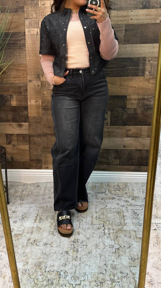 Cozy Co. - Rhinestone Denim Short Sleeve Shrug Top