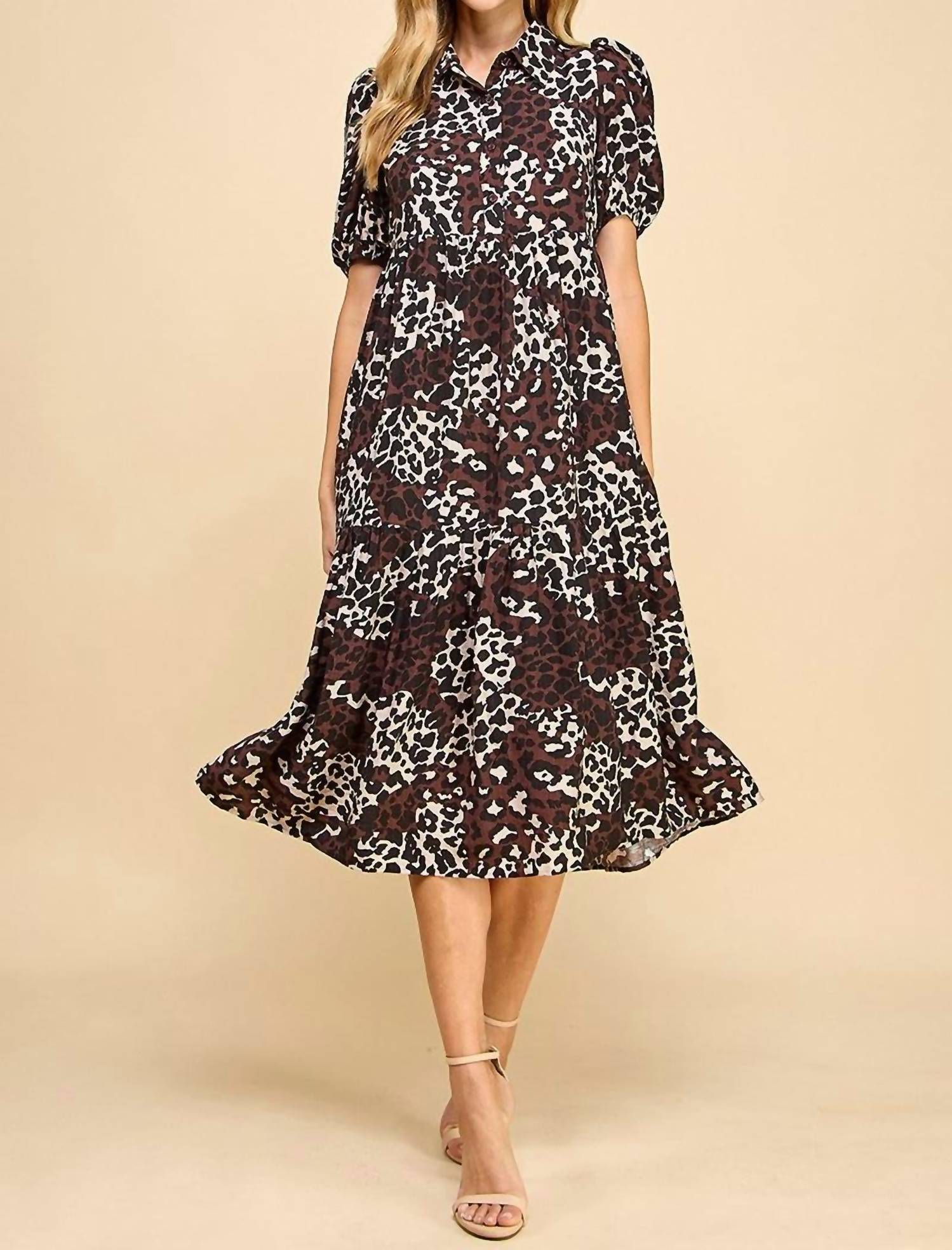 TCEC Collared Midi Shirt Dress in beige black - women's dress