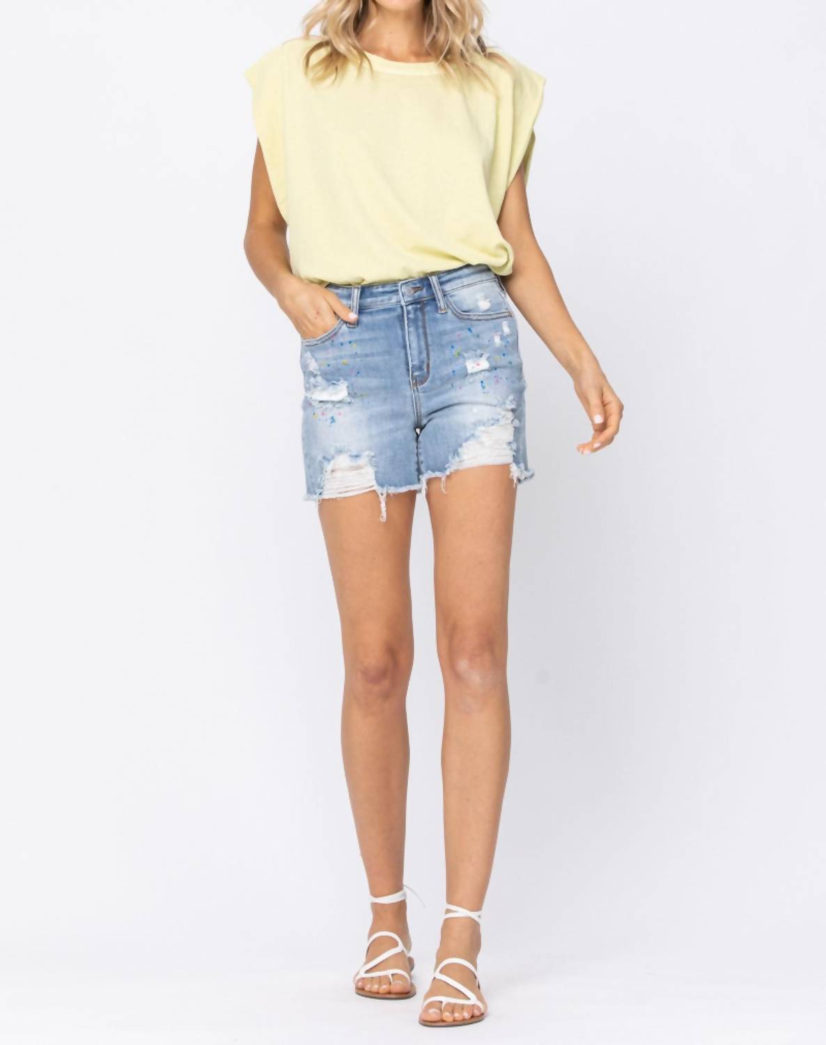 Judy Blue High Waist Rainbow Paint Splash Denim Shorts in blue - women's shorts - view 5