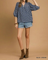 Umgee - Floral Print V-split Blouse - Plus
