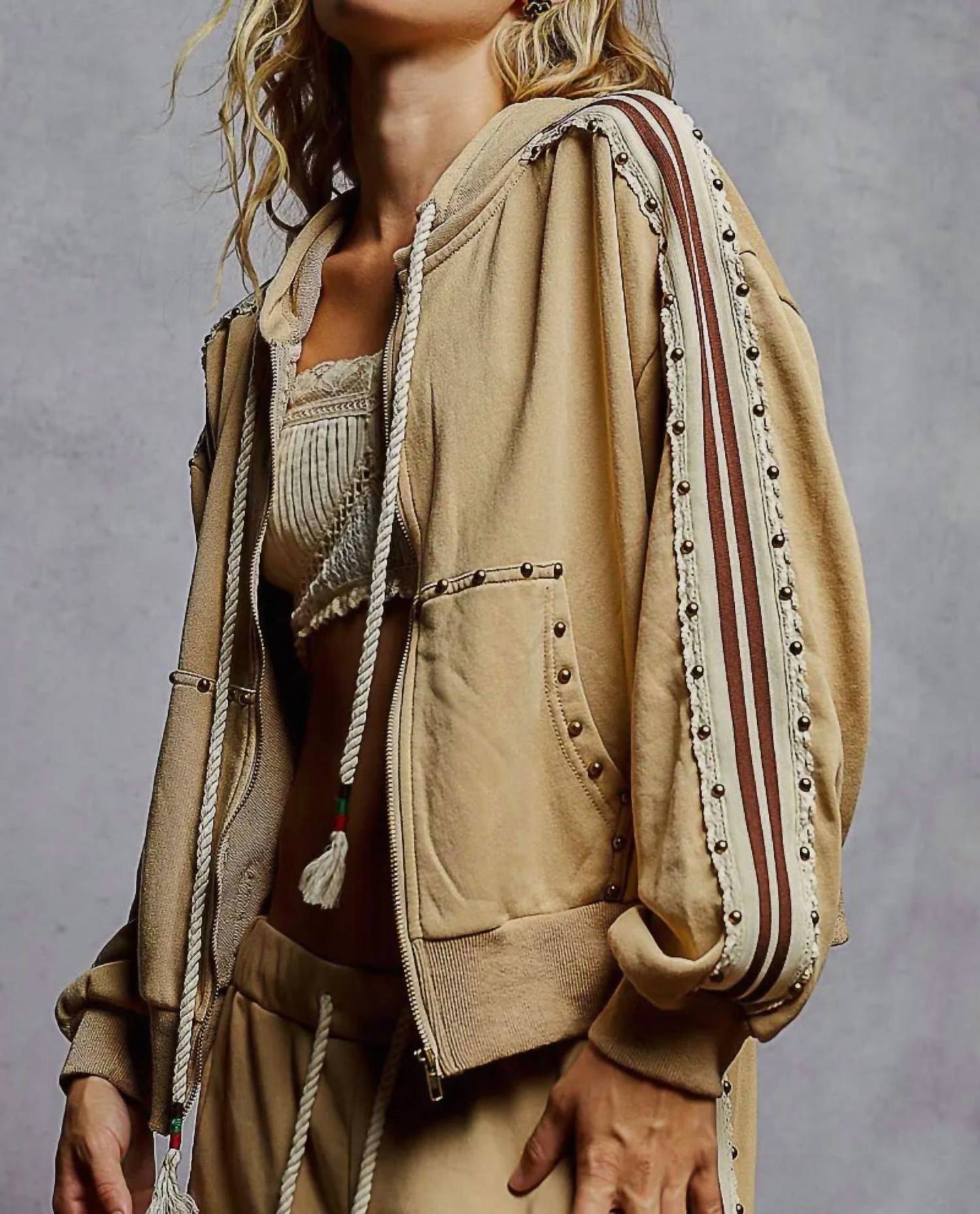 Pol - French Terry Striped Elastic Side Studded Jacket And Jogger Set