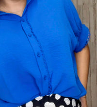 umgee Stella Scallop Trim Blouse in blue - women's blouse - detail view
