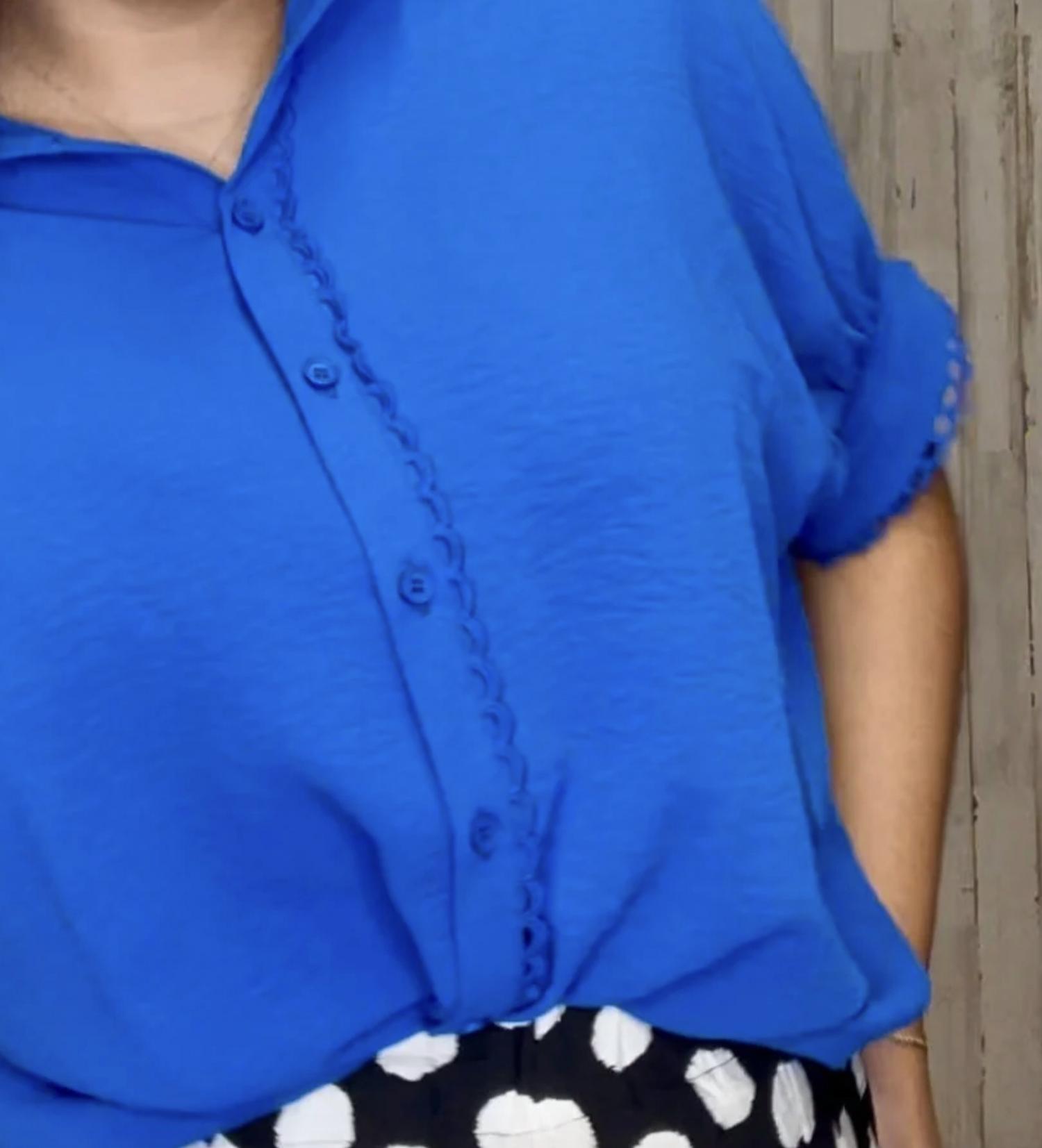 umgee Stella Scallop Trim Blouse in blue - women's blouse - detail view