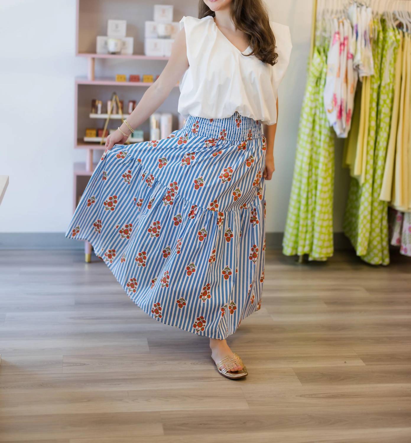 Karlie - Women's Bloom Stripe Floral Smock Tier Maxi Skirt