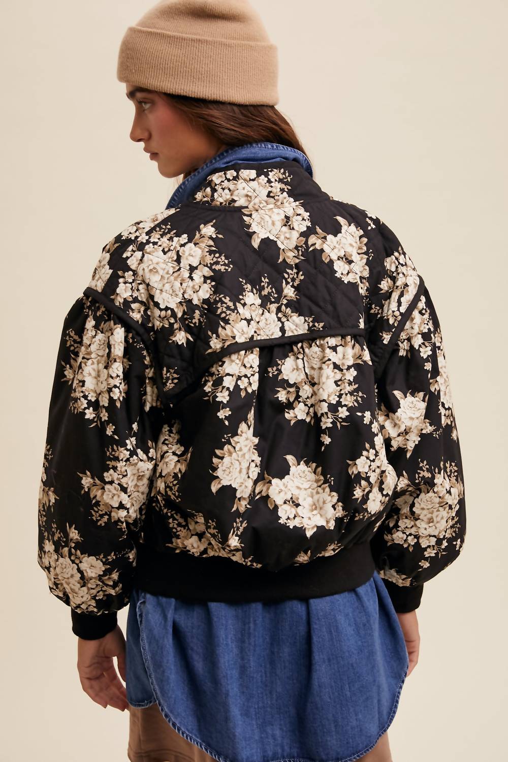 Listicle Floral Print Pleated Bomber Jacket in black - women's jacket - alternate view