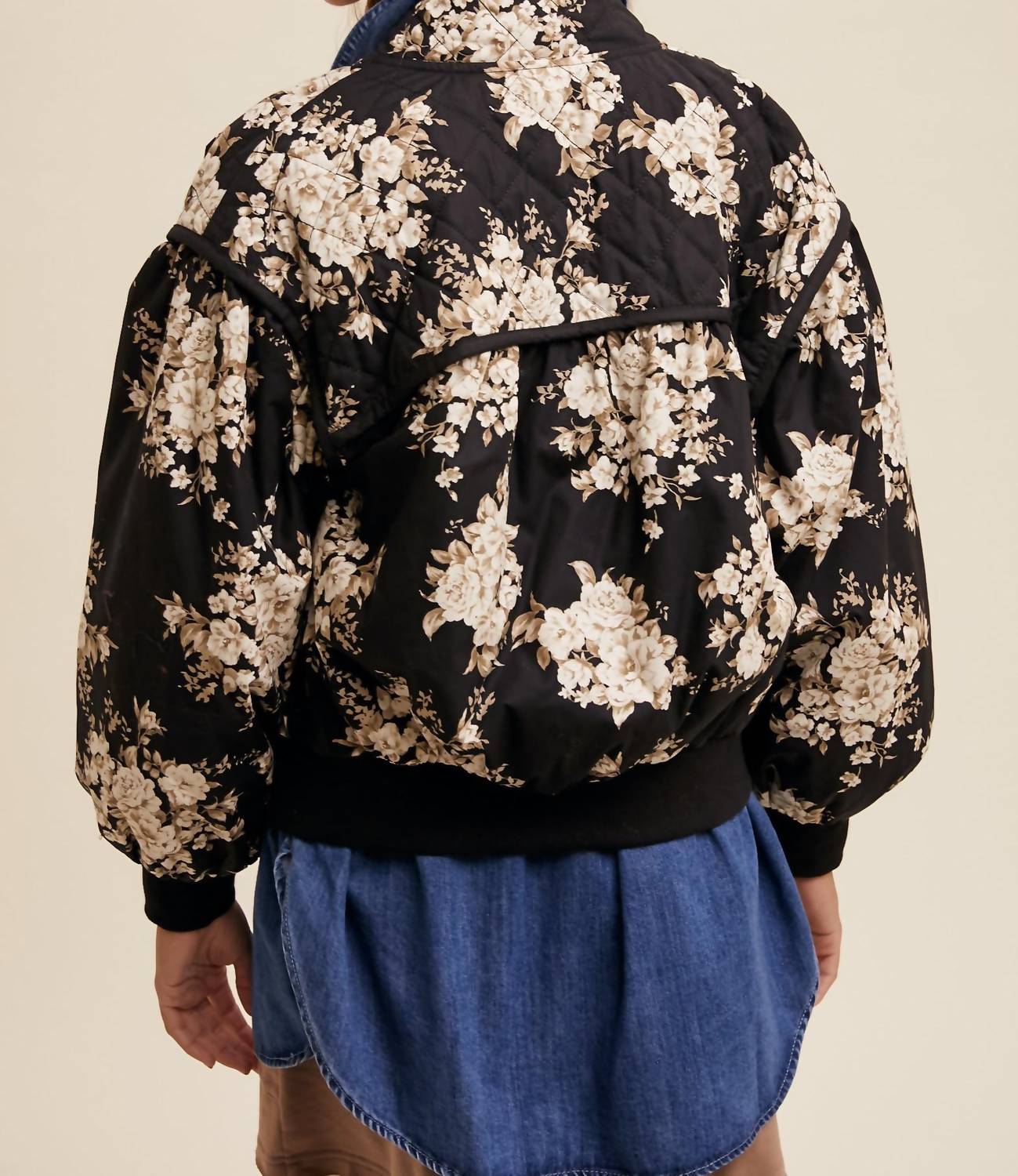Listicle Floral Print Pleated Bomber Jacket in black - women's jacket - detail view
