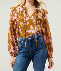 Sugarlips - Floral Chessie Balloon Sleeve Ruffle Blouse