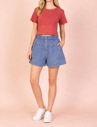 VERY J Button Down Jean Shorts in mineral washed chambray - women's shorts - view 4