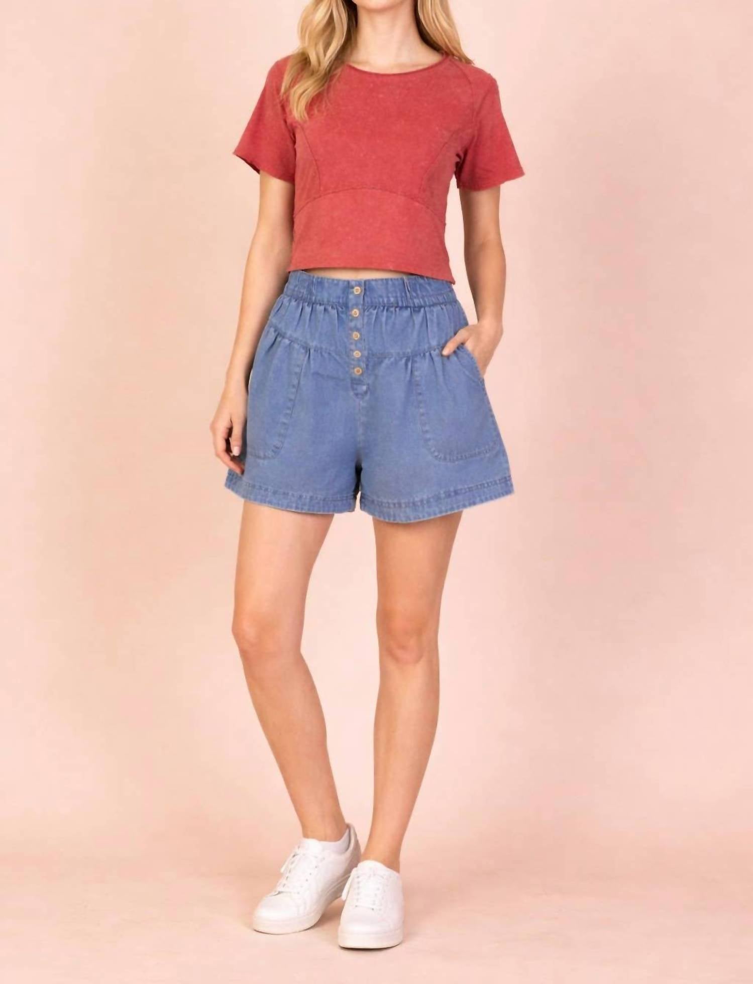VERY J Button Down Jean Shorts in mineral washed chambray - women's shorts - view 4