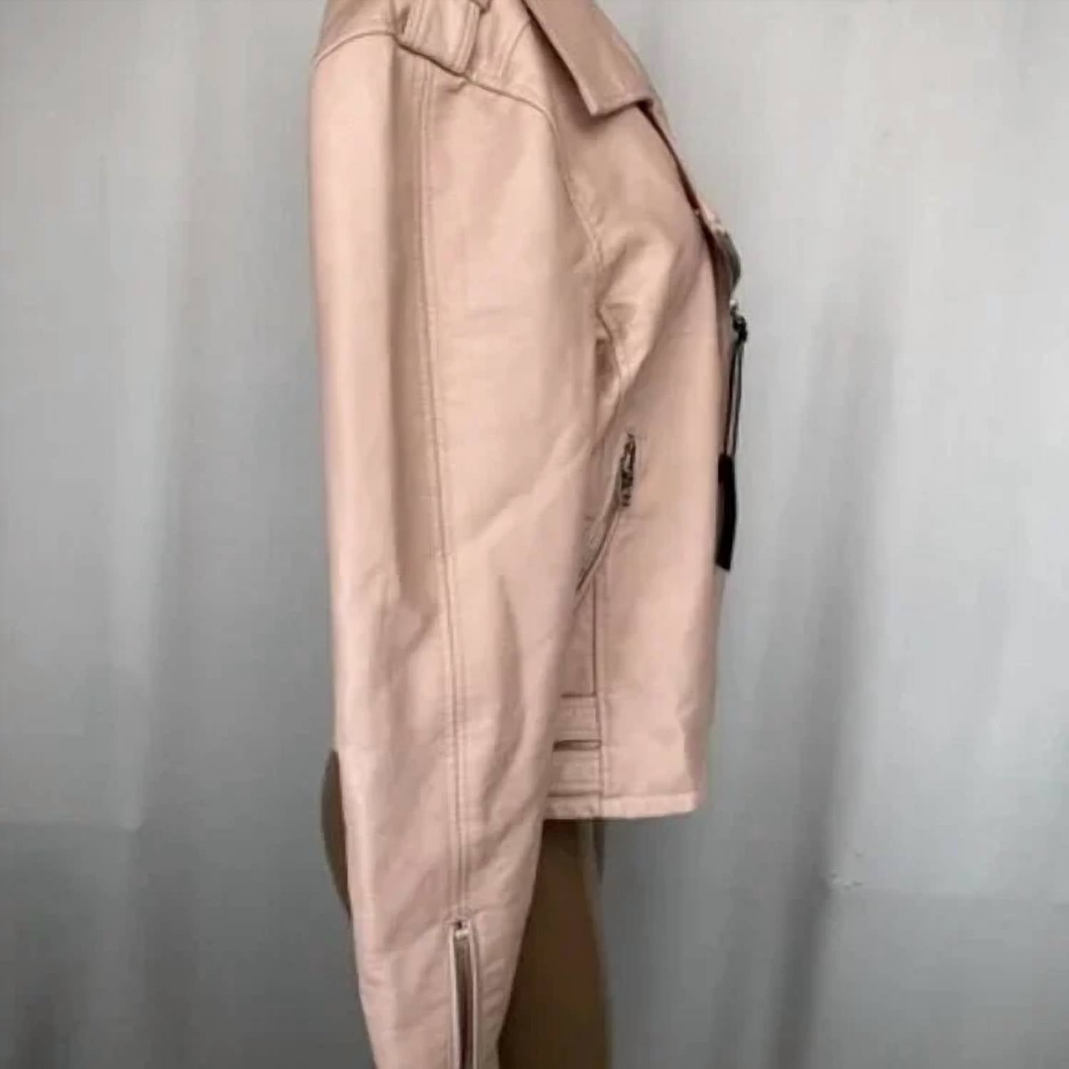 BLANKNYC Women's Faux Leather Zipper Pockets Jacket in blush pale pink - women's jacket - detail view