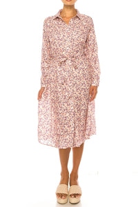 Vivid - Long Sleeve Belted Floral Shirt Dress