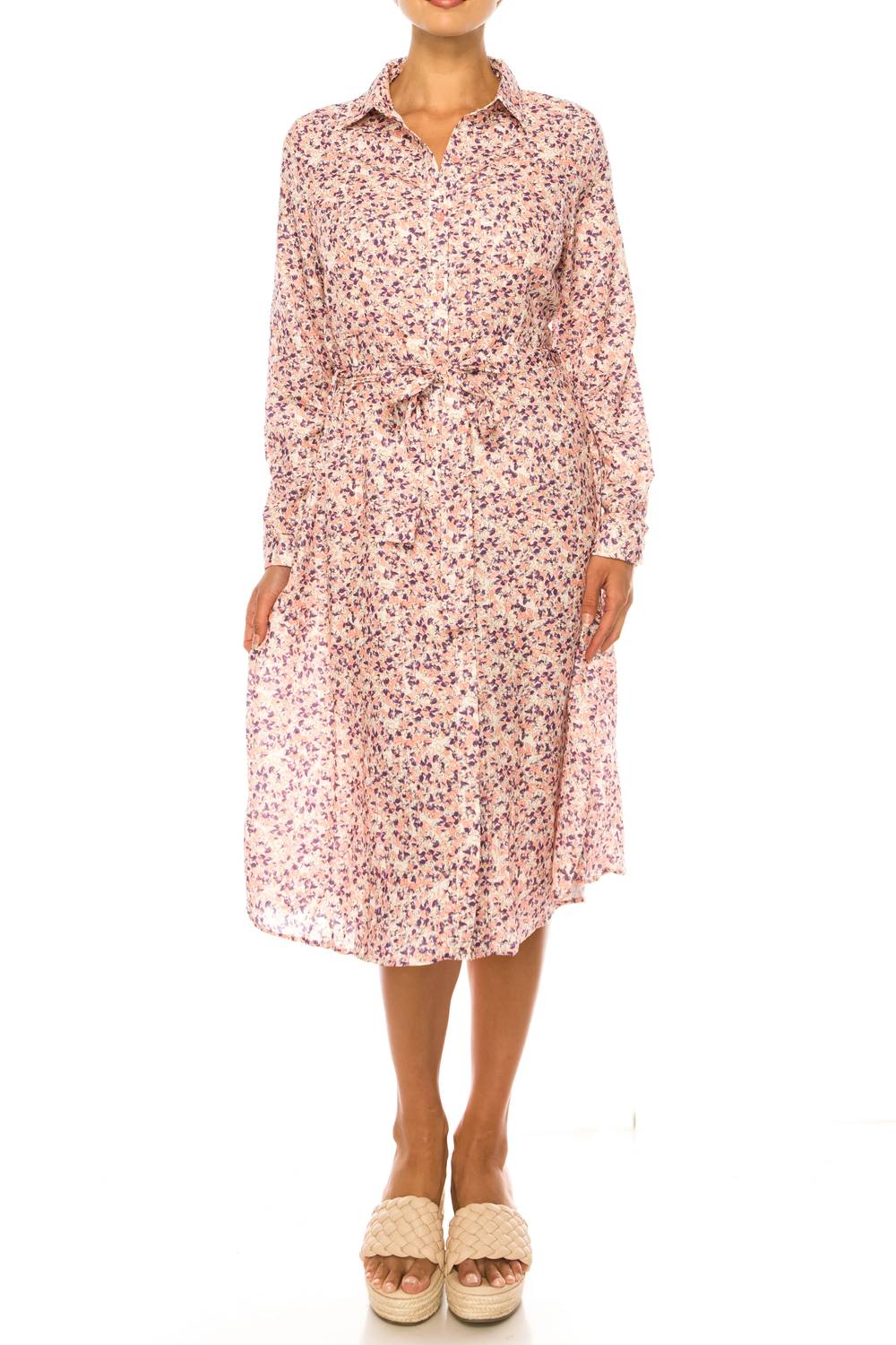 Vivid - Long Sleeve Belted Floral Shirt Dress
