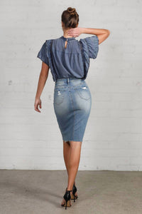 Insane Gene - Jacy High Rise Stretch Raw Hem Knee Length Skirt