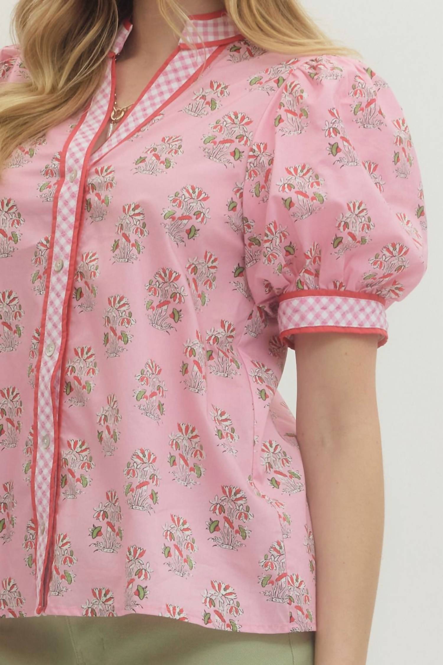 Entro - Floral Print Short Puff Sleeve Top