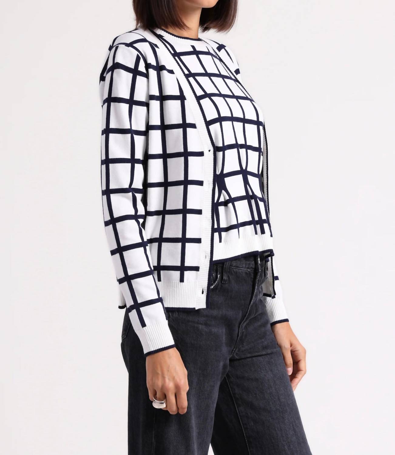 Minnie Rose - Windowpane V-neck Cardigan