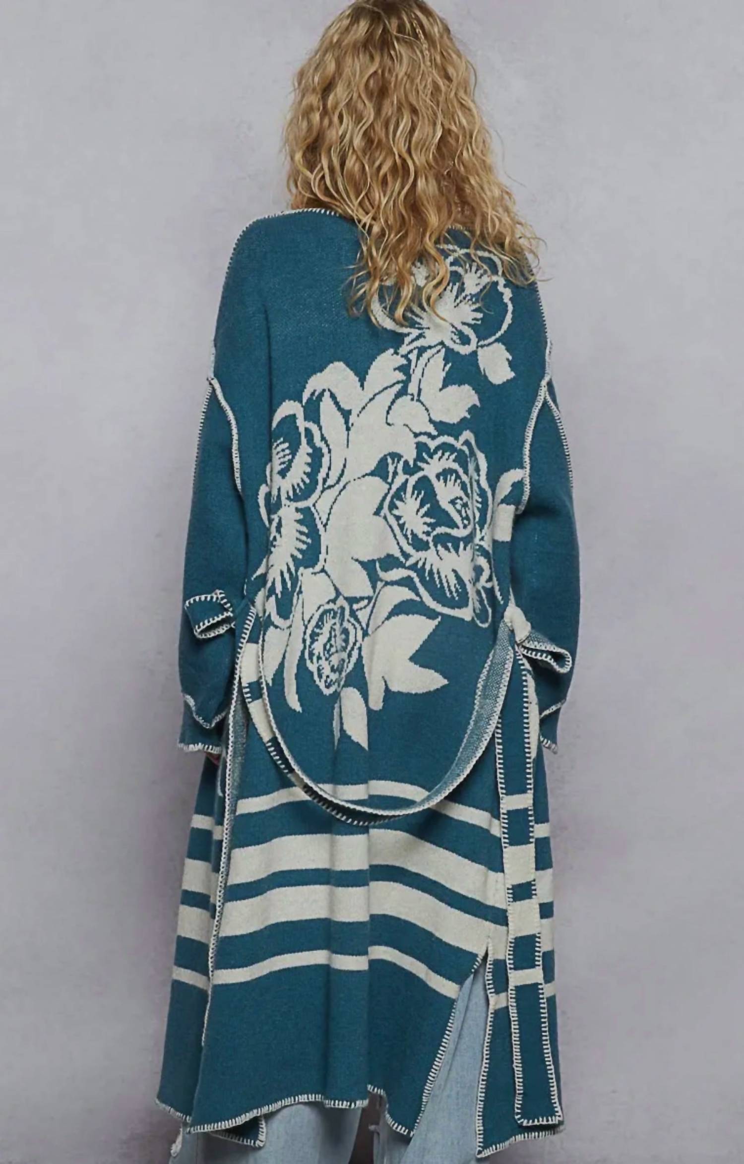POL Long Floral Wrap Cardigan With Belt in blue - women's cardigan - detail view