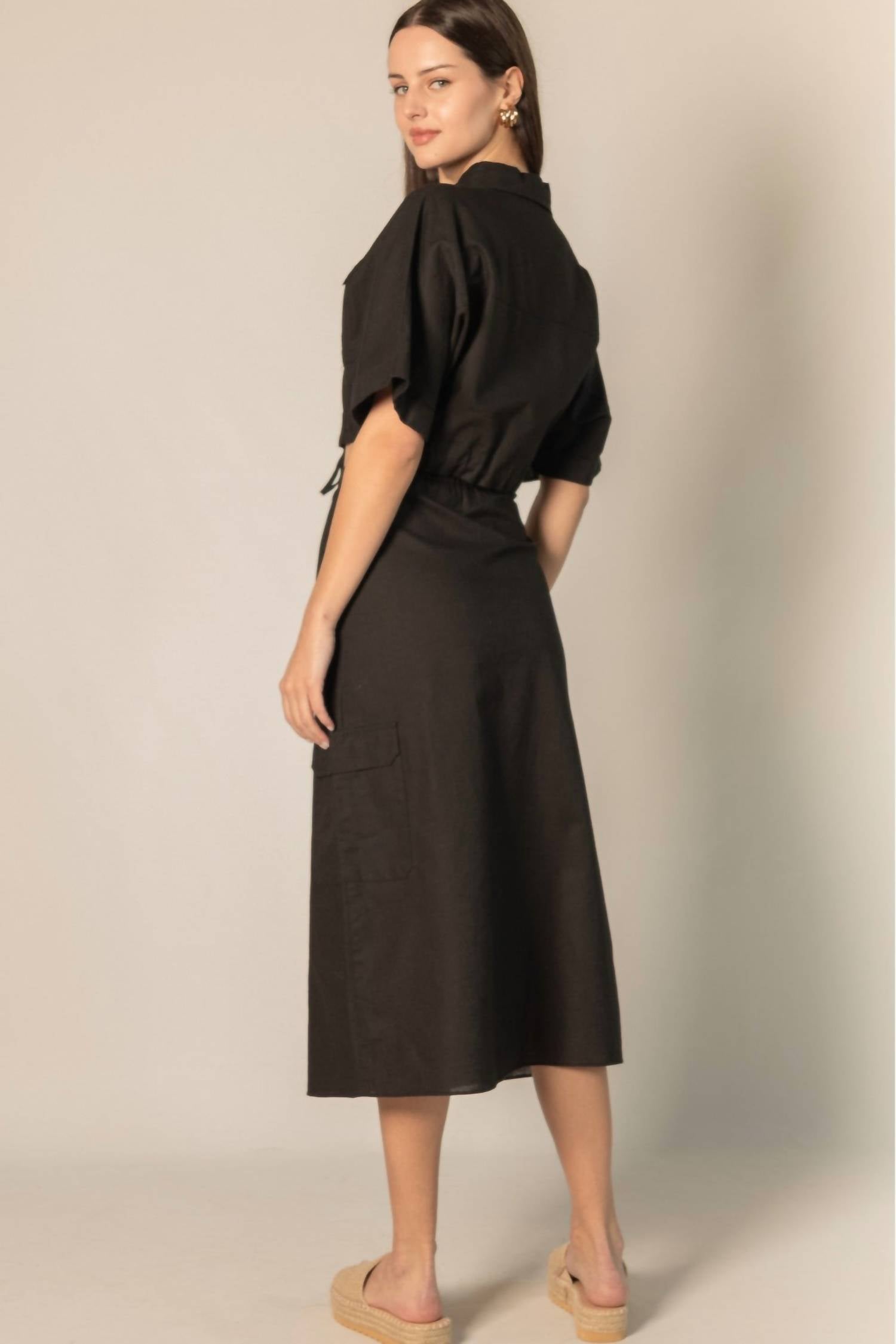 Before You Collection Brynlee Linen Blend Drawstring Top in black - women's blouse - alternate view