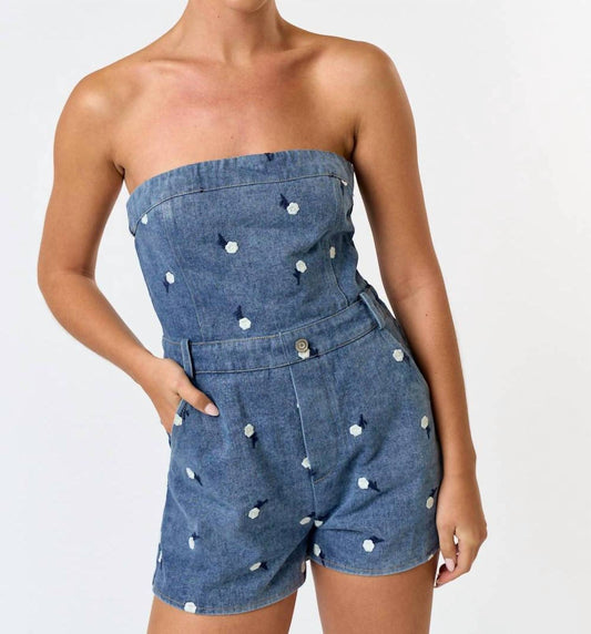 Blue Blush - Floral Embroidered Strapless Romper