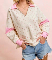 Bibi - Floral Print French Terry V Neck Collared Top