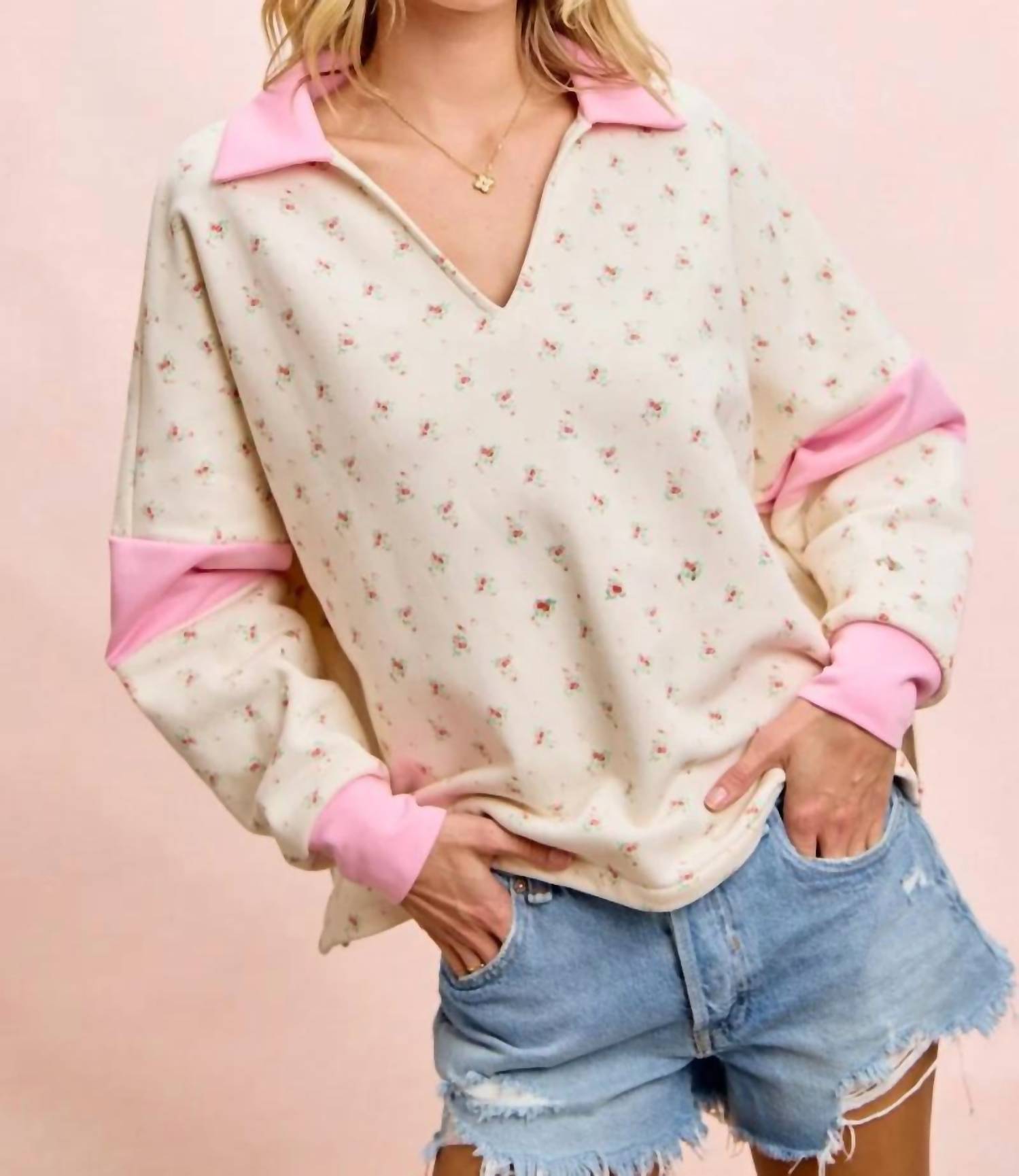 Bibi - Floral Print French Terry V Neck Collared Top