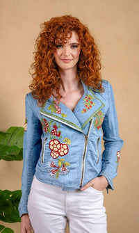 Paparazzi - Embroidered Denim Tencel Moto Jacket