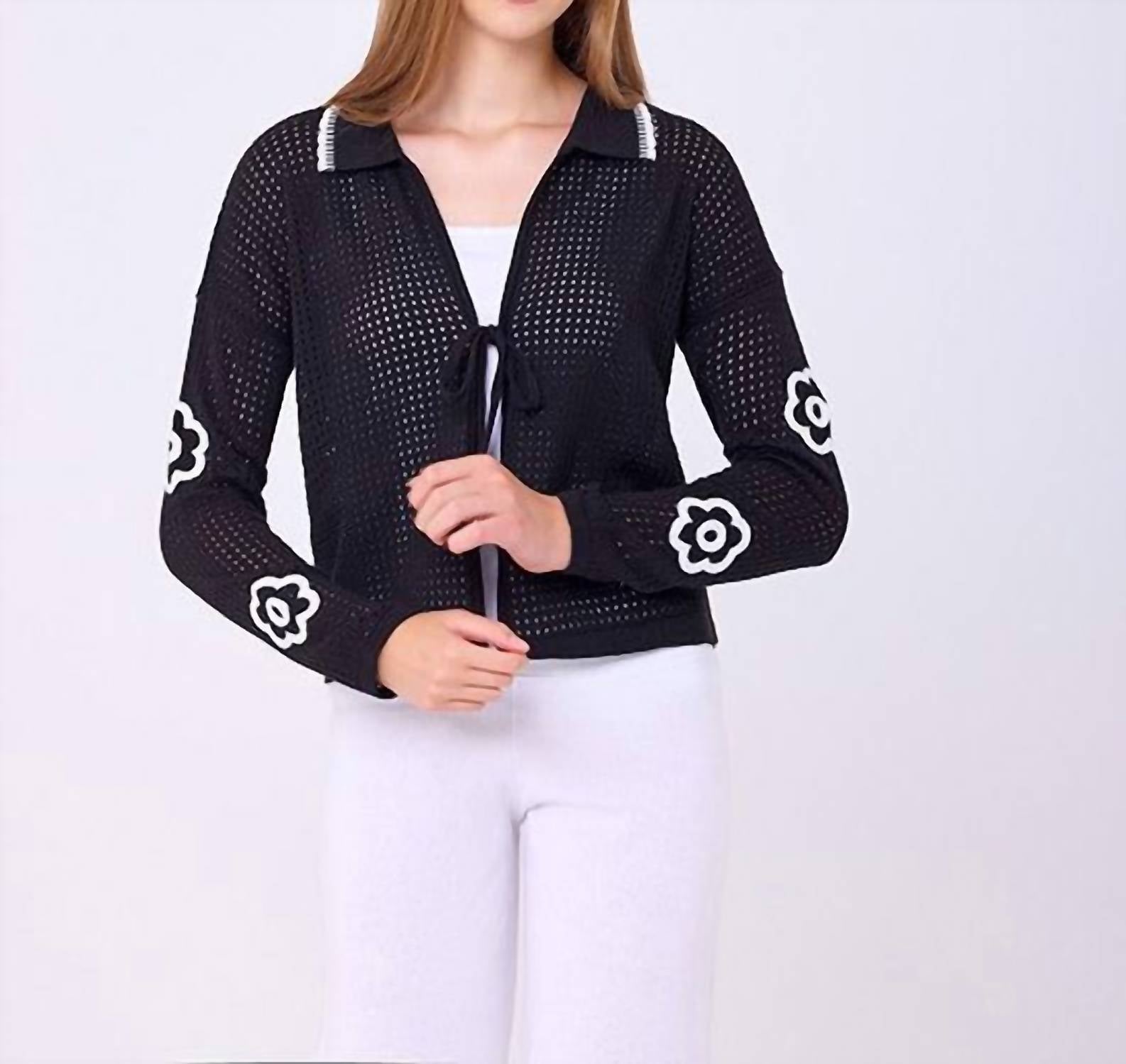 French Kyss - Flower Collared Tie Cardigan