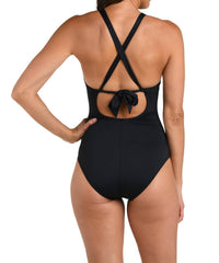 La Blanca Standard Island Goddess High Neck Keyhole Mio One Piece Swimsuit in black - women's swimwear - detail view