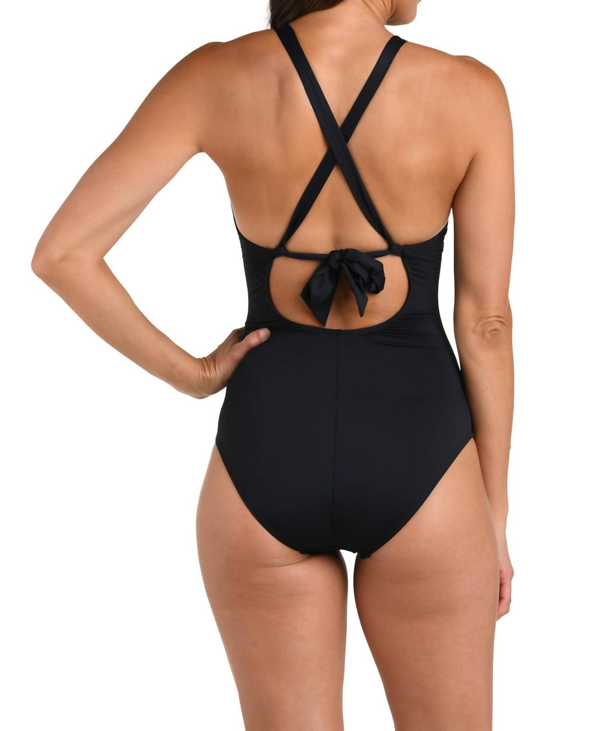 La Blanca Standard Island Goddess High Neck Keyhole Mio One Piece Swimsuit in black - women's swimwear - detail view