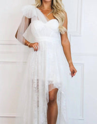 Maniju - Stay Together One Shoulder Bow Lace High Low Maxi Dress