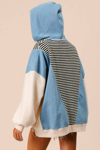Bibi - Striped Denim Block Zip Up Hoodie Jacket