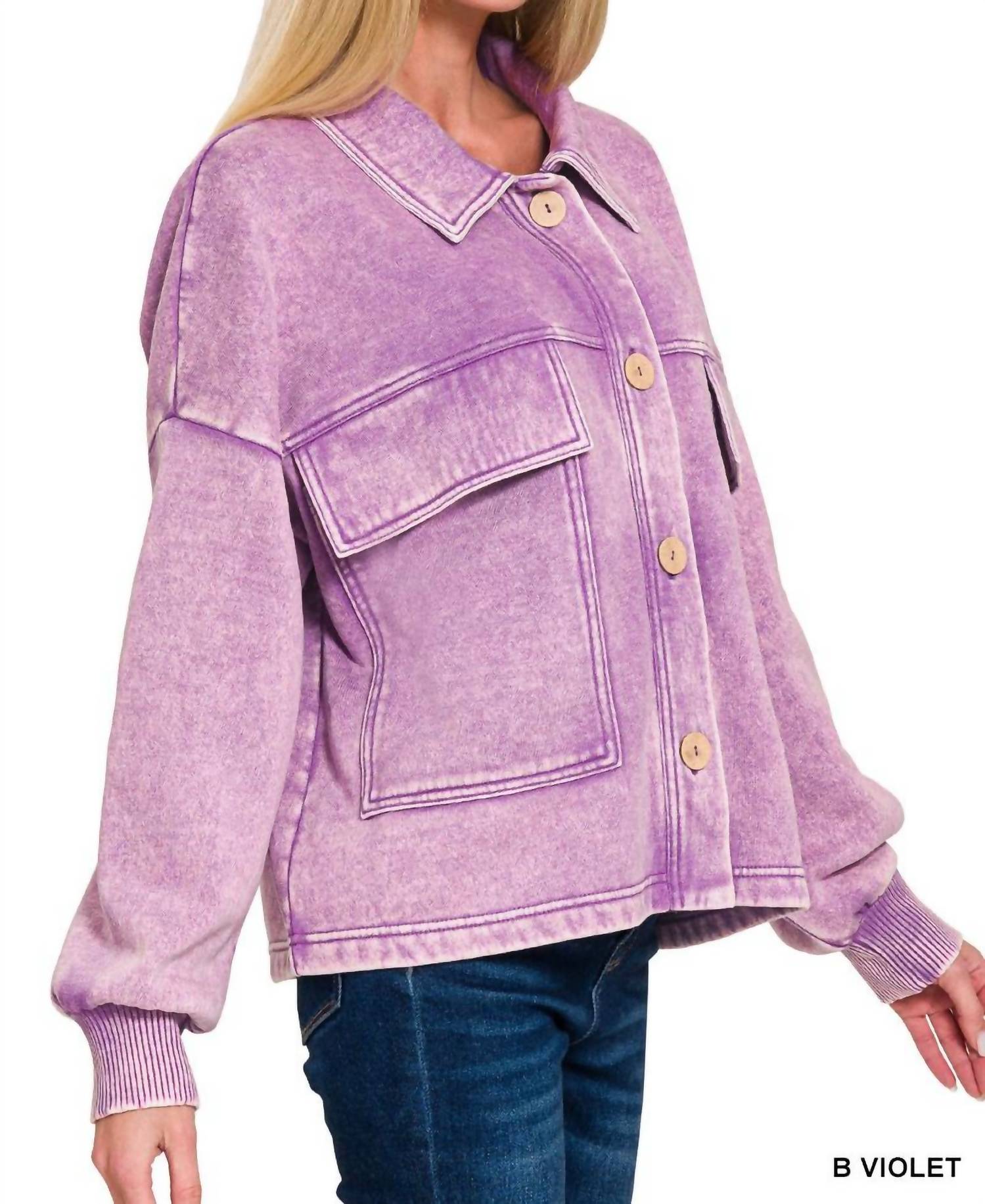 Zenana - Acid Wash Fleece Cropped Shacket With Front Pockets