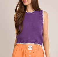 Lelis - Sleeveless Crew Neck Stitching Detail Sweater Top