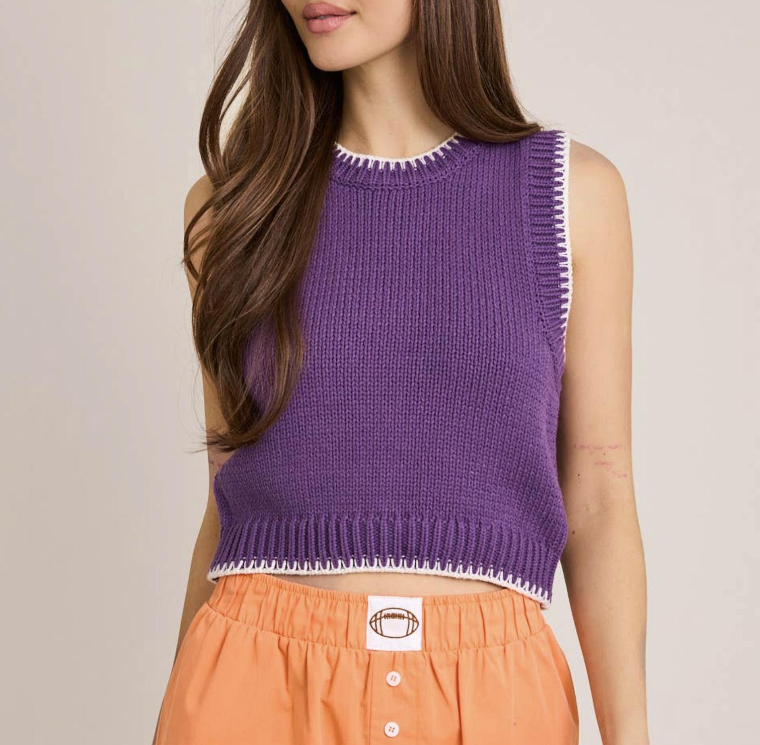 Lelis - Sleeveless Crew Neck Stitching Detail Sweater Top