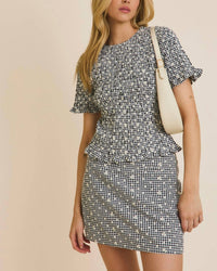 Gilli - Round Neck Half Sleeve Smocked Eyelet Top And Mini Skirt Set