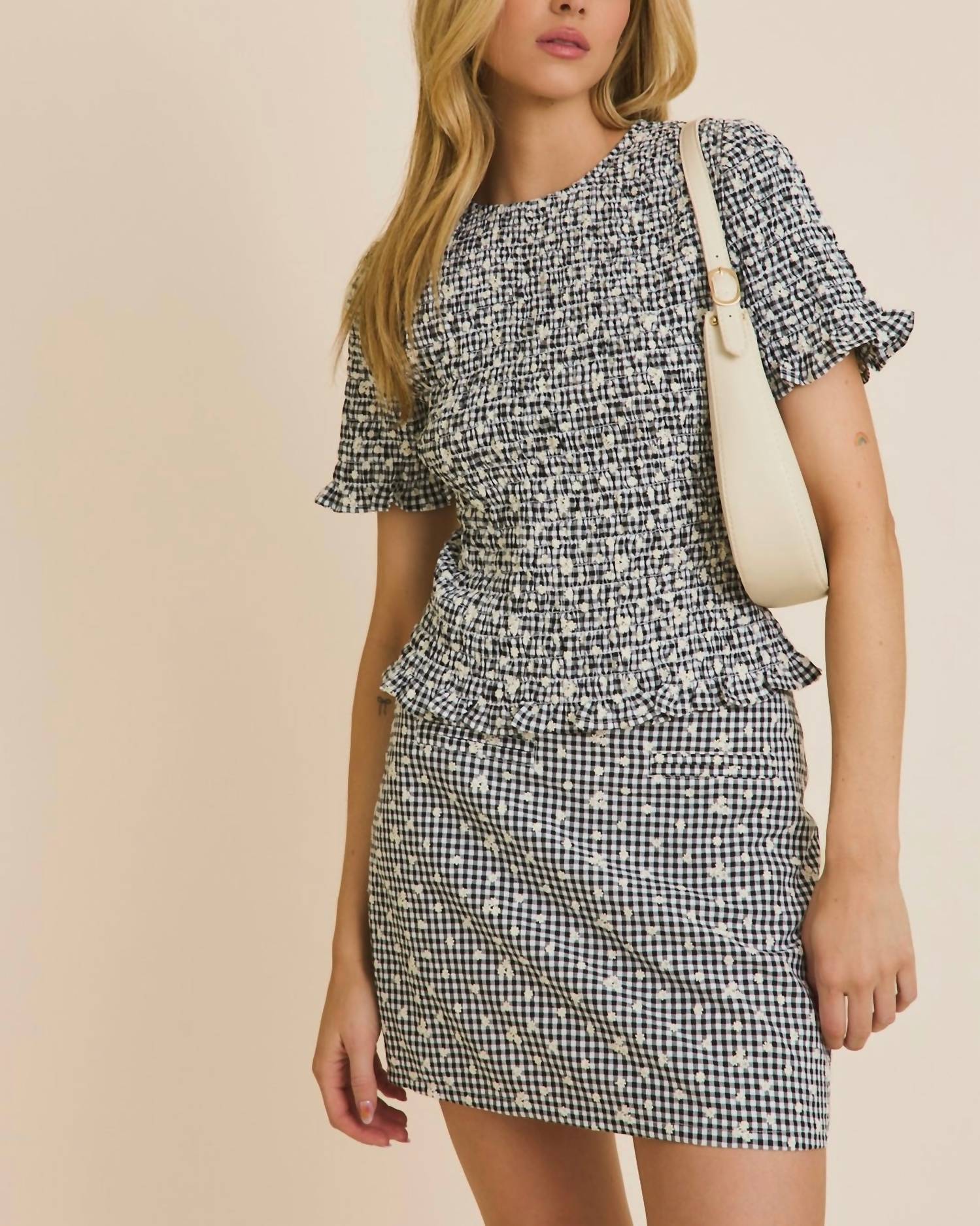 Gilli - Round Neck Half Sleeve Smocked Eyelet Top And Mini Skirt Set