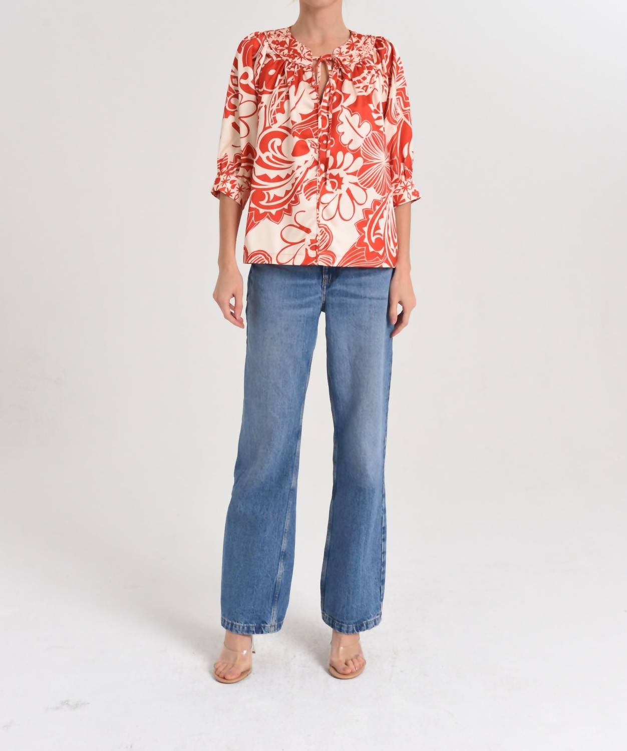 CIEBON Katari Engineered Floral Top in red multi - women's blouse