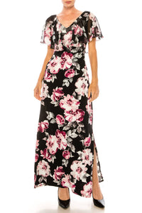 Connected Apparel - Floral Print Chiffon Cape Maxi Dress