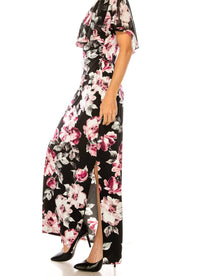 Connected Apparel - Floral Print Chiffon Cape Maxi Dress