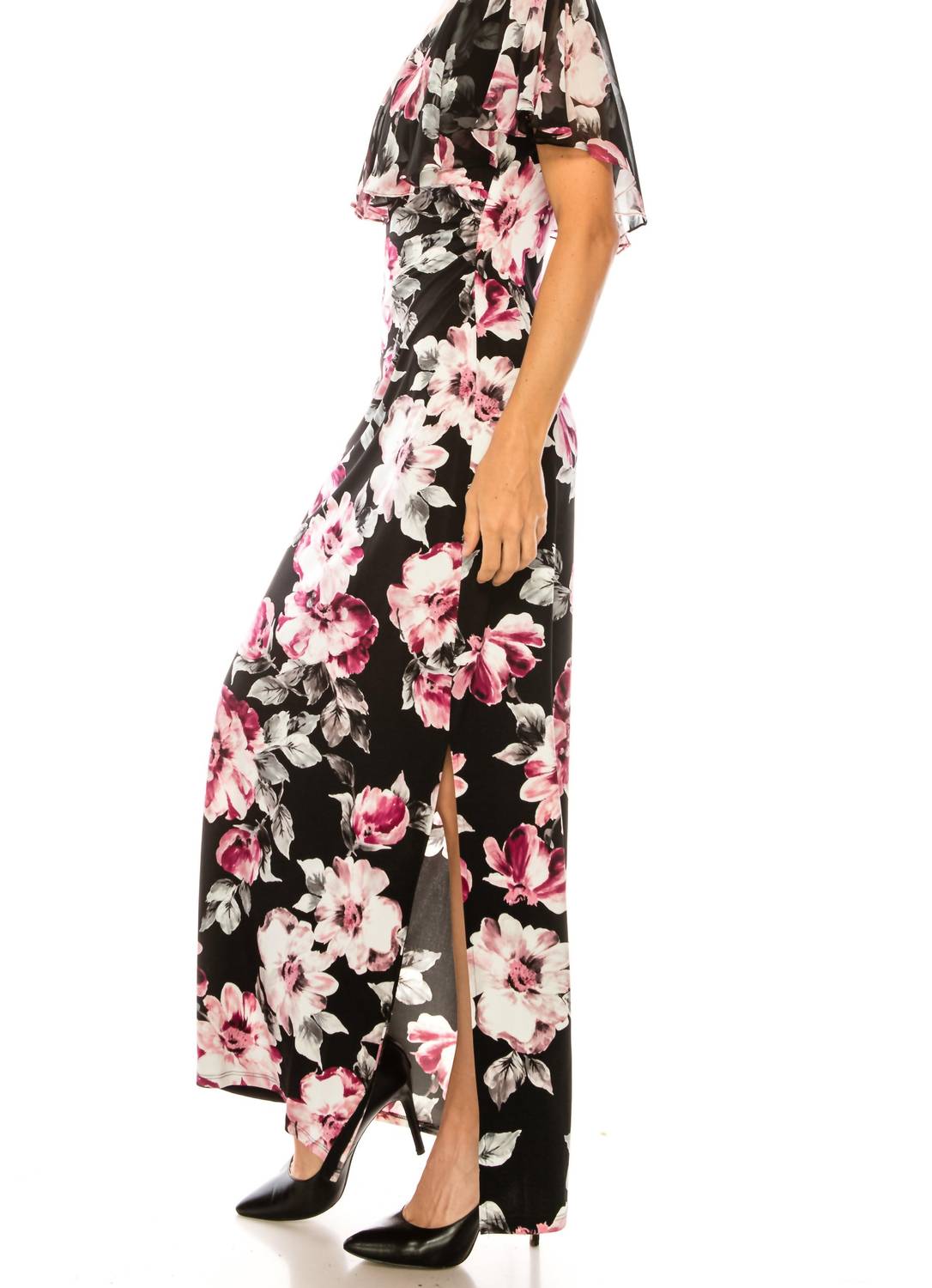 Connected Apparel - Floral Print Chiffon Cape Maxi Dress